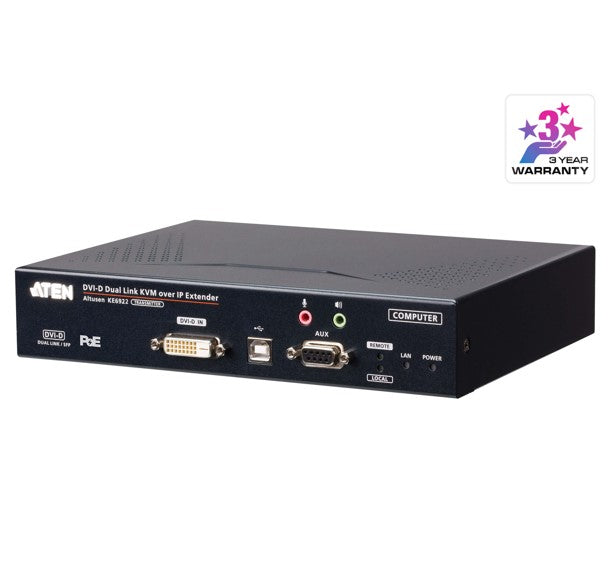 Aten DVI Dual Link KVM over IP Transmitter with DC Power + Power over Ethernet support, supports up to 2560 x 1600 @ 60 Hz, USB and 3.5mm Audio input Aten DVI Dual Link KVM over IP Transmitter with DC Power + Power over Ethernet support, supports up to 2560 x 1600 @ 60 Hz, USB and 3.5mm Audio input